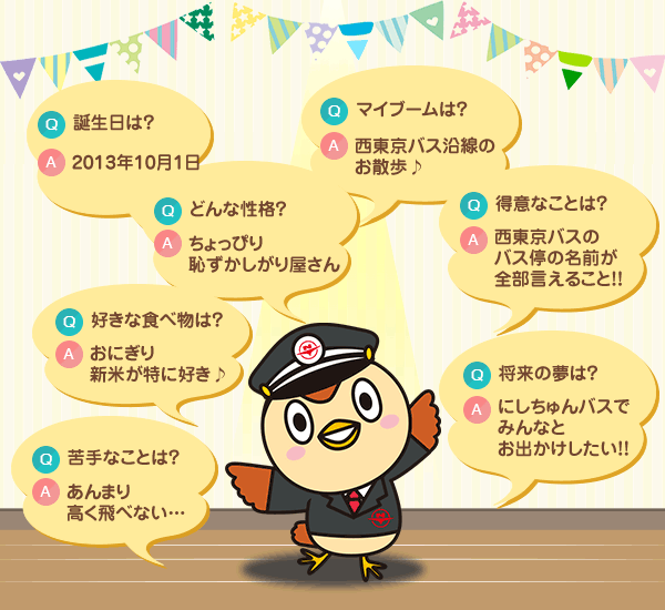 Q誕生日は？ A2013年10月1日、Qどんな性格？ Aちょっぴり恥ずかしがり屋さん、Q好きな食べ物は？ Aおにぎり新米が特に好き♪、Qマイブームは？A西東京バス沿線のお散歩♪、Q得意なことは？A西東京バスのバス停の名前が全部言えること！！、Q苦手なことは？Aあんまり高く飛べない…、Q将来の夢は？Aにしちゅんバスで みんなとお出かけしたい！！